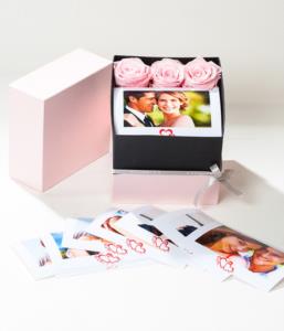 flower box con rose stabilizzate e foto 10x15cm